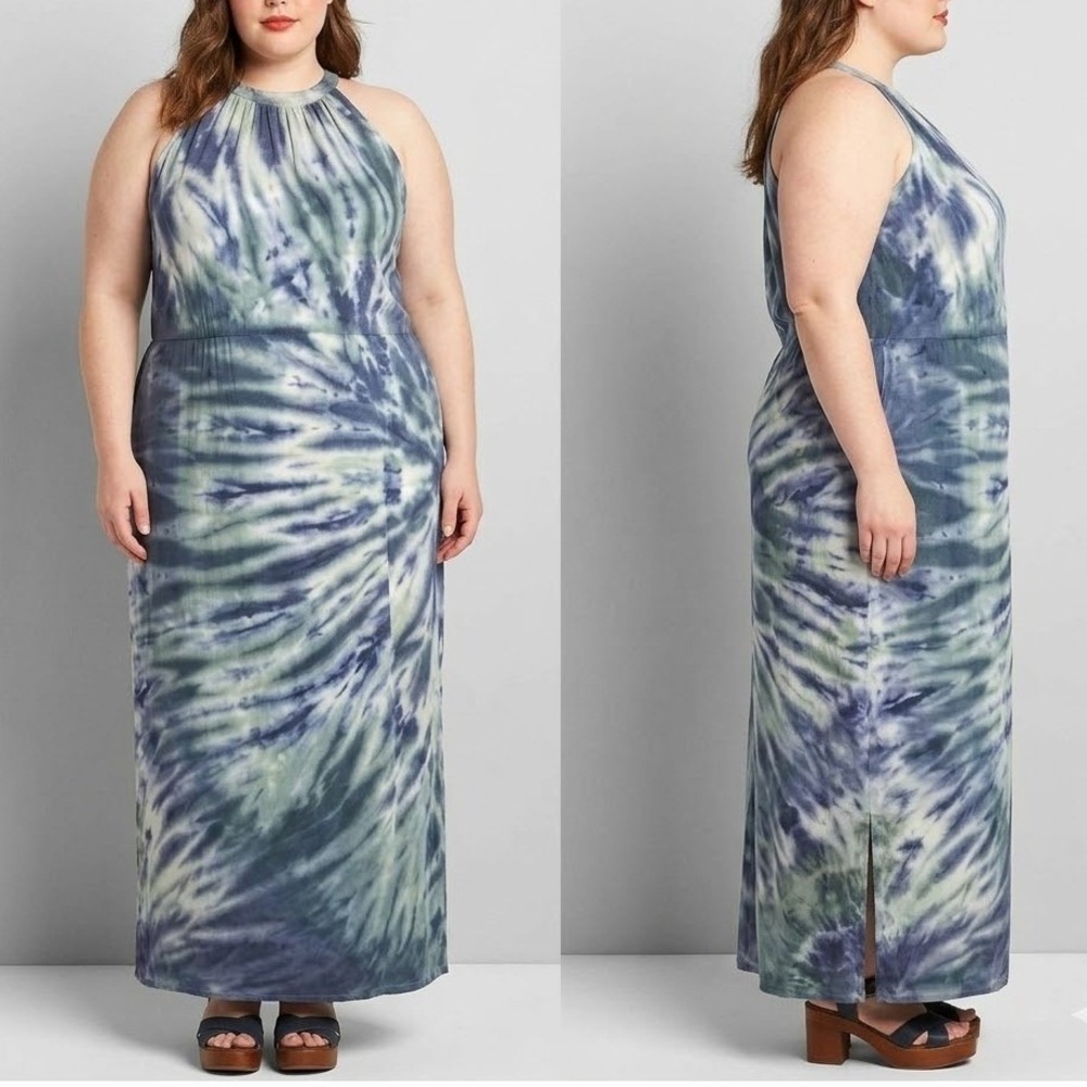 Lane Bryant Maxi Dress Blue Tie Dye Halter Neck Plus Size 18/20 Spandex Knit